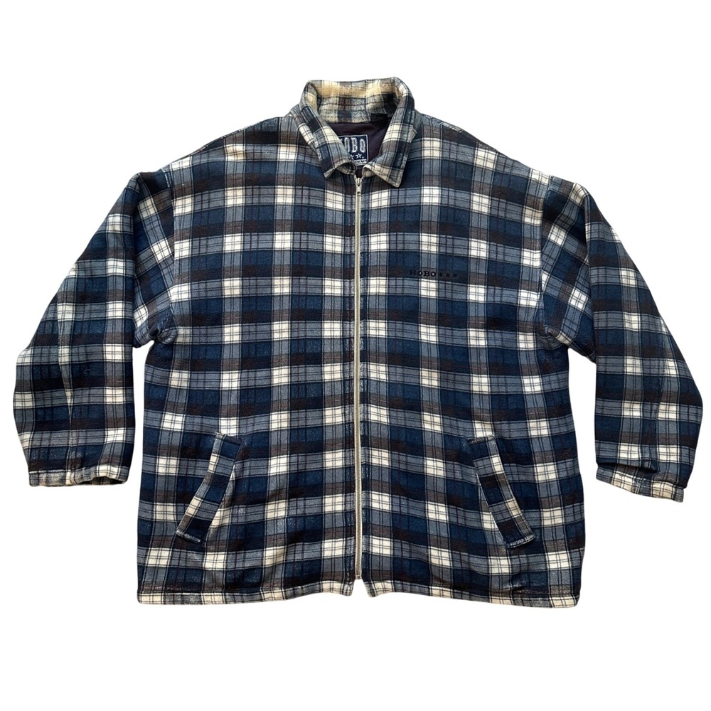 Vintage HOBO‎ USA Plaid Flannel Jacket Full Zip Lined Pockets Mens Size Large